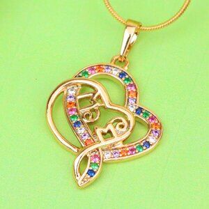 "Colorful Mom Heart Pendant in Rose Gold with Rainbow CZ, XPPT1287